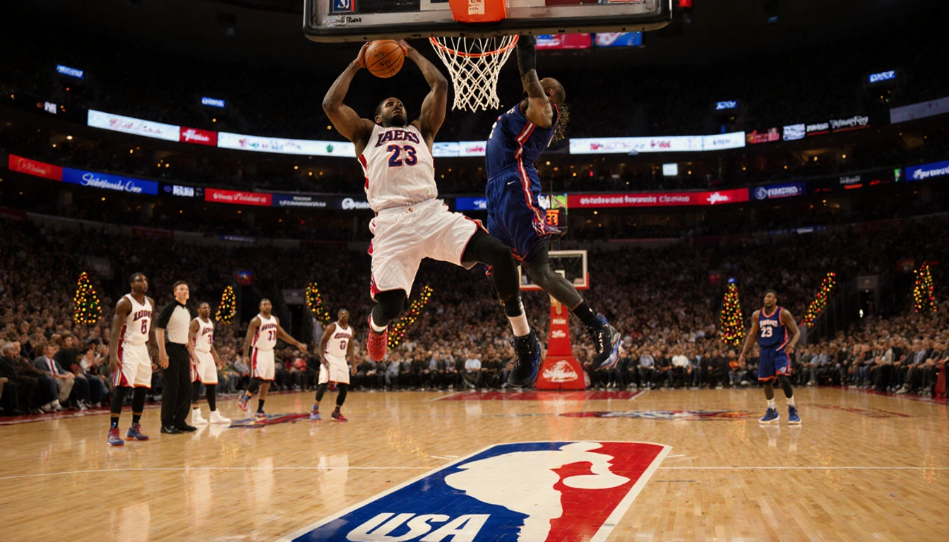 Basketball player dunking midair with holiday lights and NBA logos in a packed Christmas arena