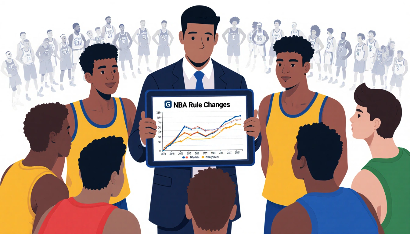 Team huddle with coach holding tablet showing NBA rule change graph and basketball players of diverse ages and experience.