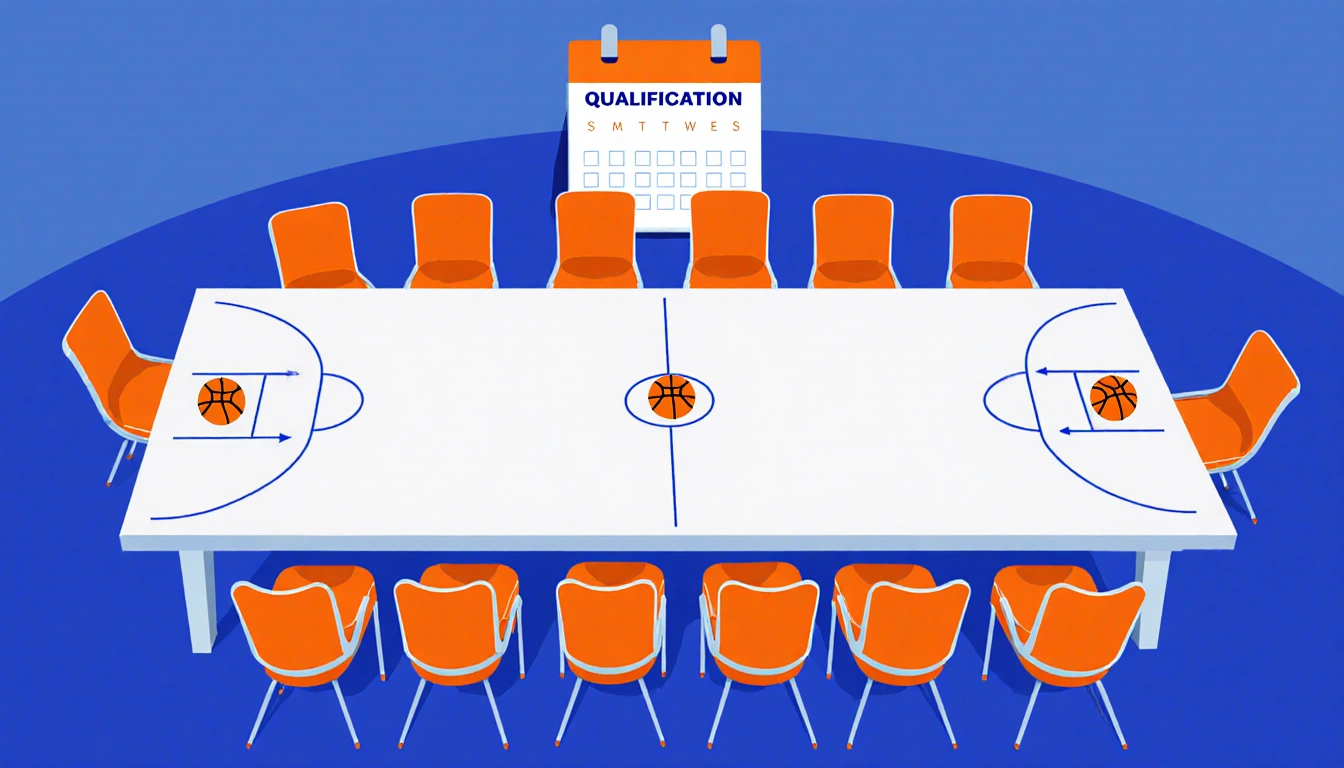 Table showing eight basketball team seats four qualifying seats and calendar marking Oct 2027 start