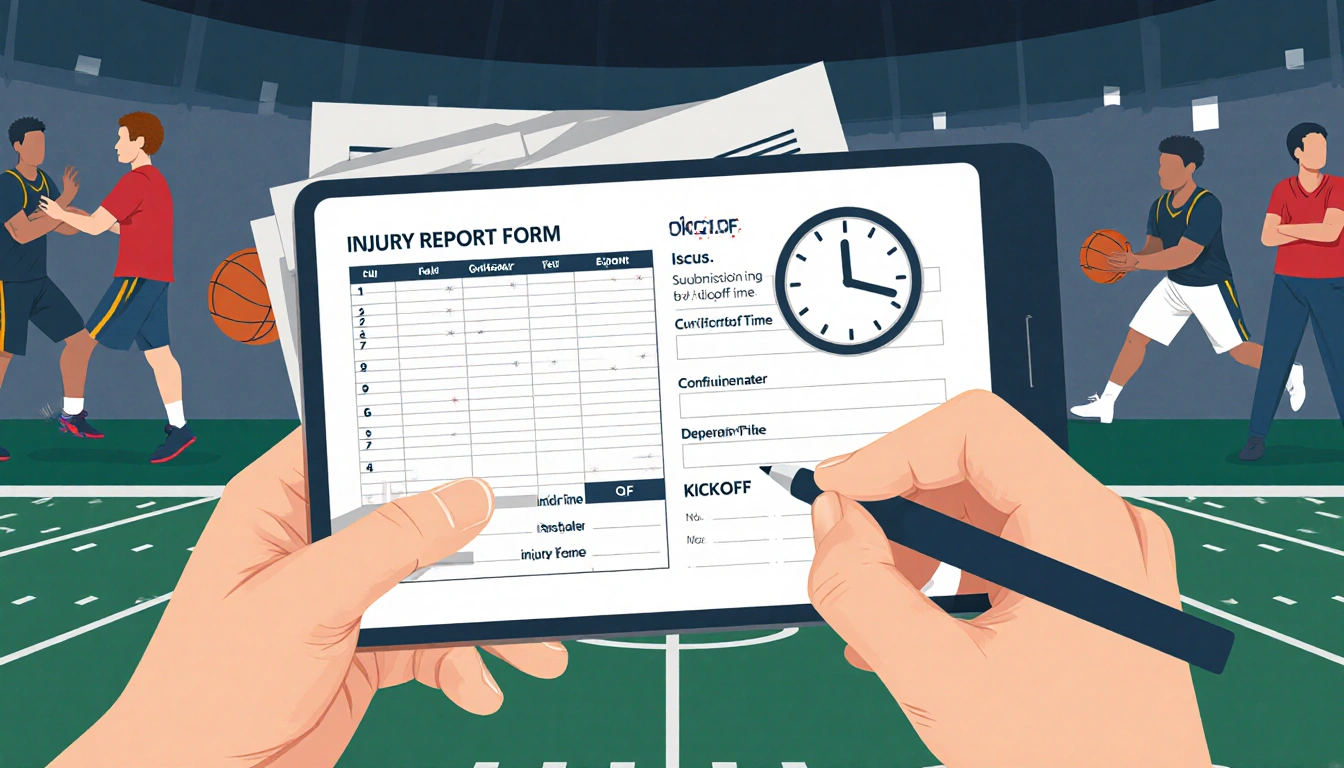 Person holding smartphone showing basketball schedule with digital injury report form and kickoff time overlay in background.