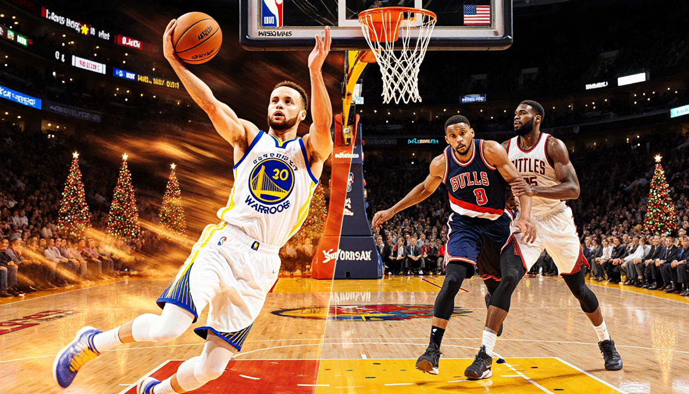 Stephen Curry taking a 3-point shot with Christmas lights. Jimmy Butler driving to the basket with Cooper Flagg behind.