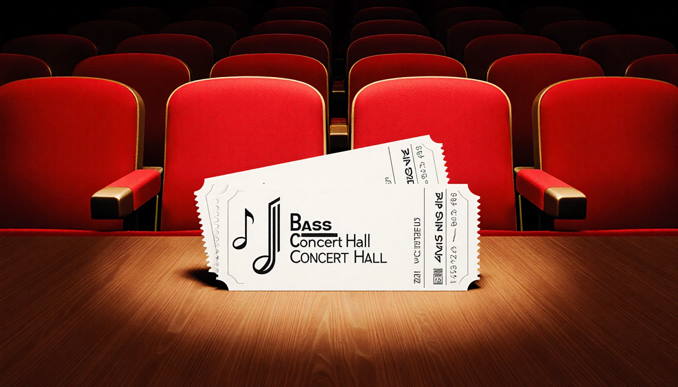 Two tickets glow on stage center with bright red seats behind and faint logo texture creating excitement