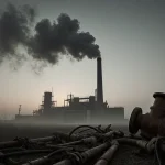 Dim smokestack releasing thick plume over misty dawn with rusty abandoned water pump near