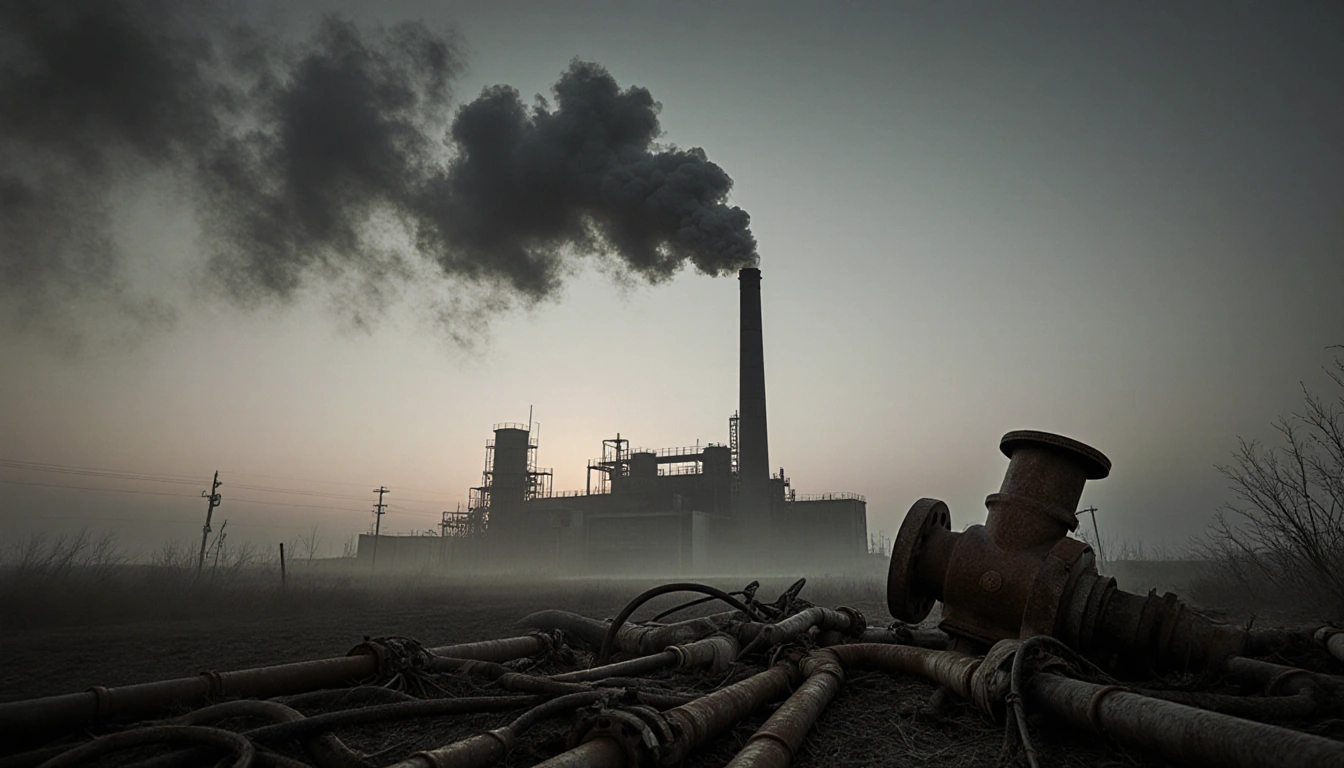 Dim smokestack releasing thick plume over misty dawn with rusty abandoned water pump near