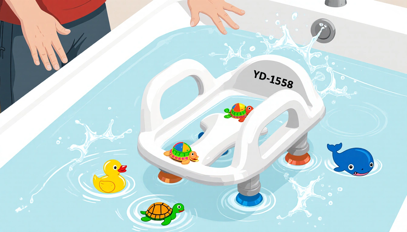 Tilted bath seat in bathtub with water splashes and a parent alarmingly waving arms