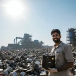 Worker proudly standing beside repurposed battery pack with bright blue sky and innovative recycling machinery in background