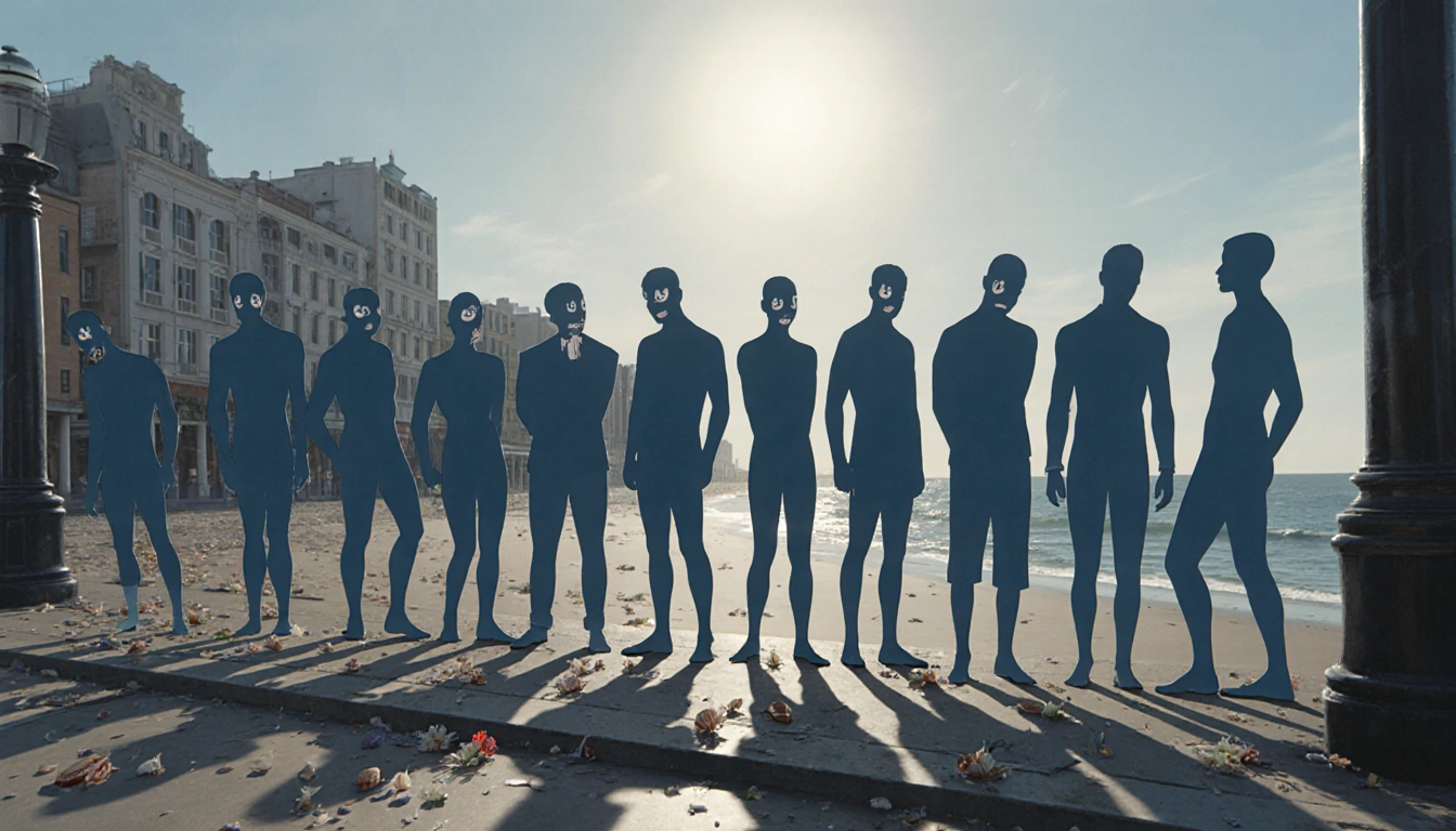 Silhouettes expressing grief along beach promenade with scattered flowers and dark building shadows