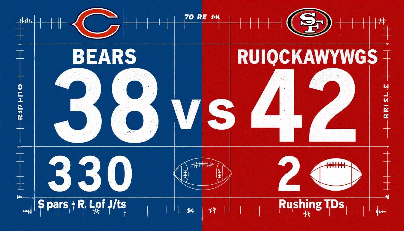 Grid divides into blue Bears and red 49ers showing 38-42 score with football icons and passing yards 330 and rushing TDs 2