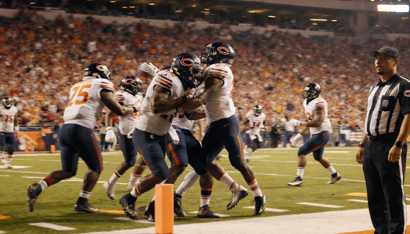 Josh Williams throws a touchdown pass to Jahdae Walker as teammates mob the ball while Cairo Santos watches in electric stadi