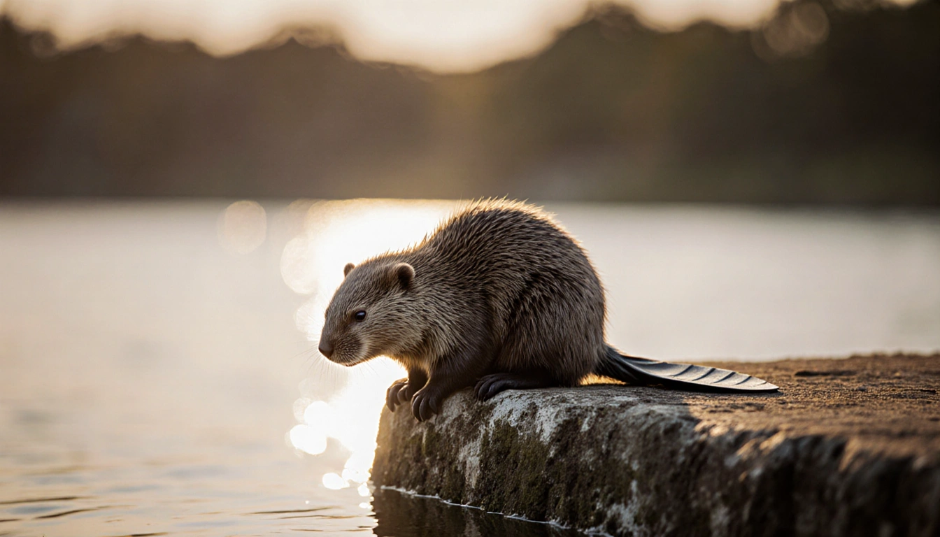 Beaver sitting exhausted on weathered ledge near reservoir with golden light and blurred water