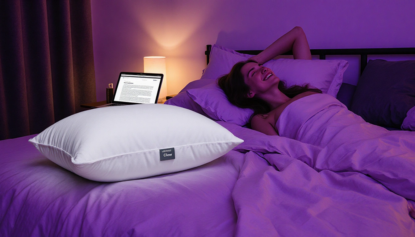 Person lying back on purple bedroom bed with Cloud Pillow and tablet showing article in soft lighting