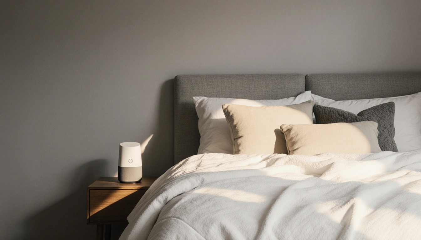 Bed presenting plush Tuft & Needle mattress with white quilt and golden bedside light