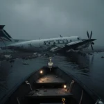 Plane wreckage scatters along Texas coastline with rescue boat pulling up to shore and dense fog rolling behind