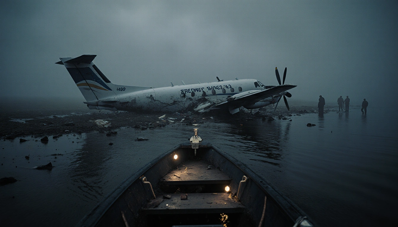 Plane wreckage scatters along Texas coastline with rescue boat pulling up to shore and dense fog rolling behind