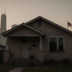 A beige house stands with its door ajar and flowers on the porch while a misty Austin skyline and waving flag loom.