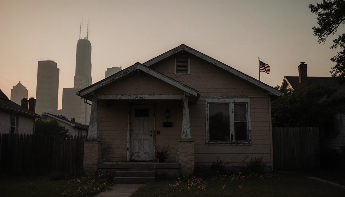 A beige house stands with its door ajar and flowers on the porch while a misty Austin skyline and waving flag loom.