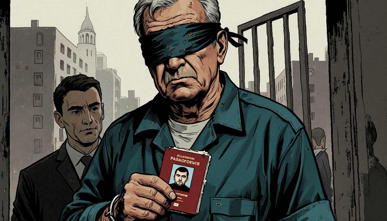 Middle-aged man being led away from Belarusian prison with handcuffs and blindfold while clutching tattered passport in city