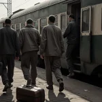 Belarusian prisoners walking with worn luggage on a wooden platform lone suitcase abandoned nearby faces hidden in shadows.