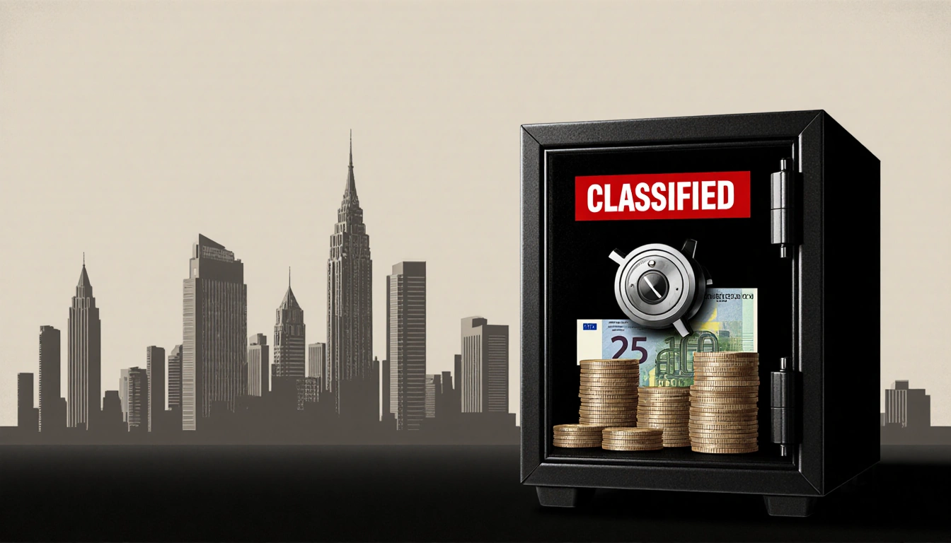 Safe holds stacks of euro banknotes and coins with a red CLASSIFIED label and a Belgian financial district in background