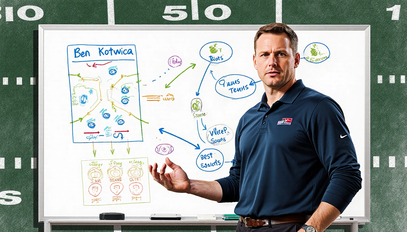 Assistant Ben Kotwica gestures explaining a special teams play with a whiteboard of notes and a football field backdrop.