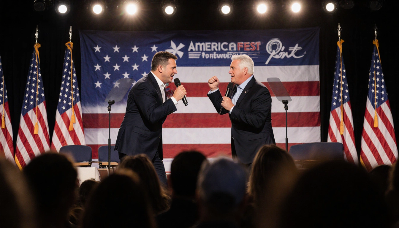 Ben Shapiro confronting Tucker Carlson on stage with American flags and dramatic lighting