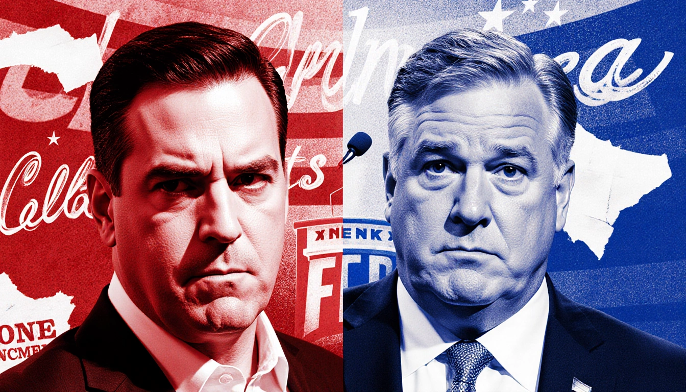 Ben Shapiro looks critical with Tucker Carlson disappointed beside podium backdrop with torn papers AmericaFest.