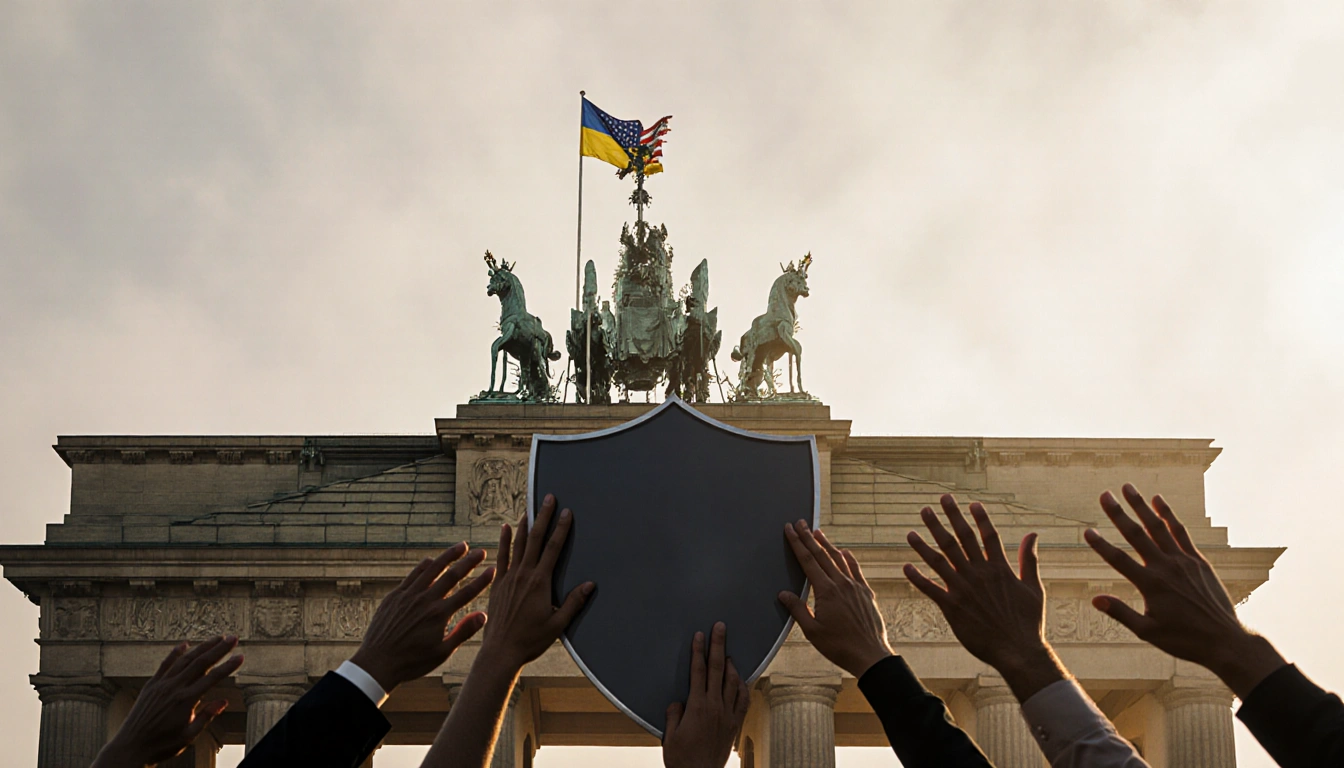 Hands forming a shield with Ukrainian and American flags above a historic Berlin building in misty morning light
