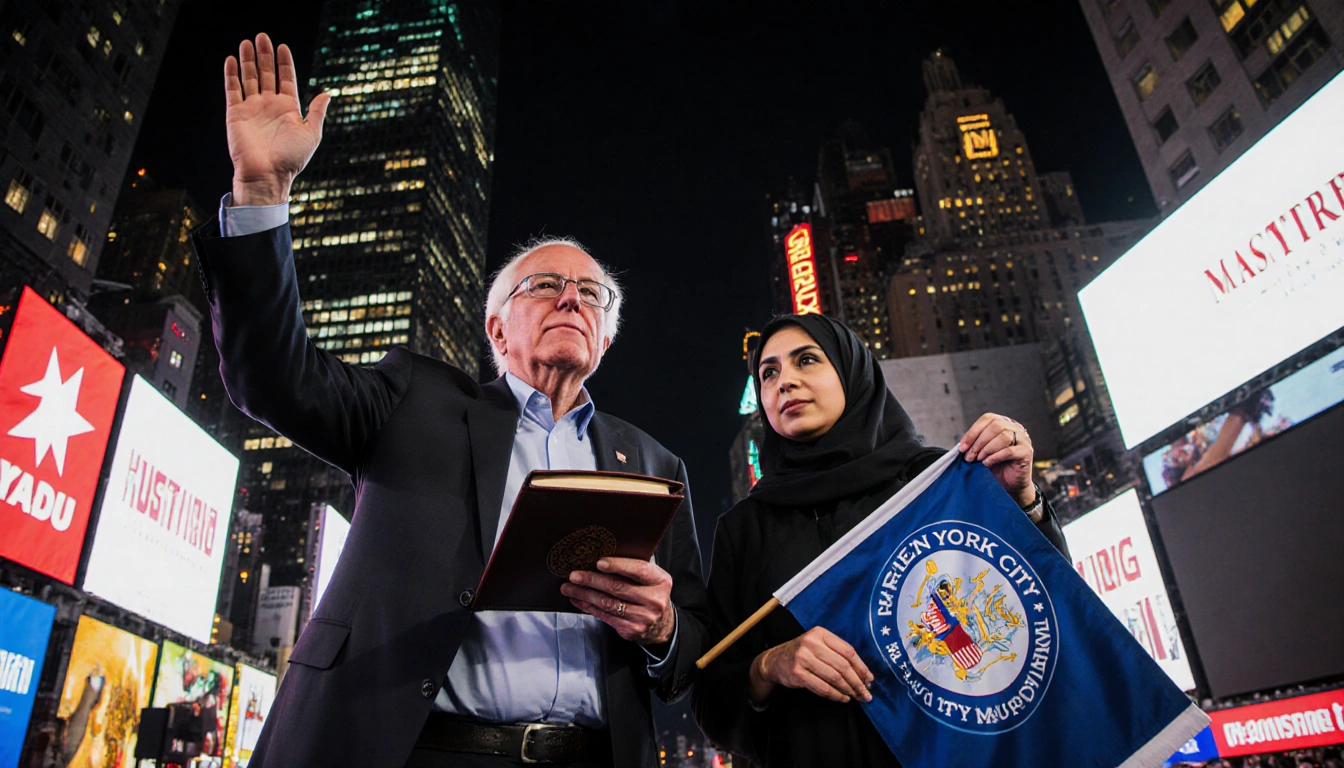 Bernie Sanders and Zohran Mamdani stand with a siddur and flag in NY Times Square beside skyscrapers.