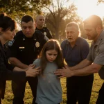 Concerned citizens stepping forward to protect a shaken girl with officers restraining a suspect in the background in a dusk