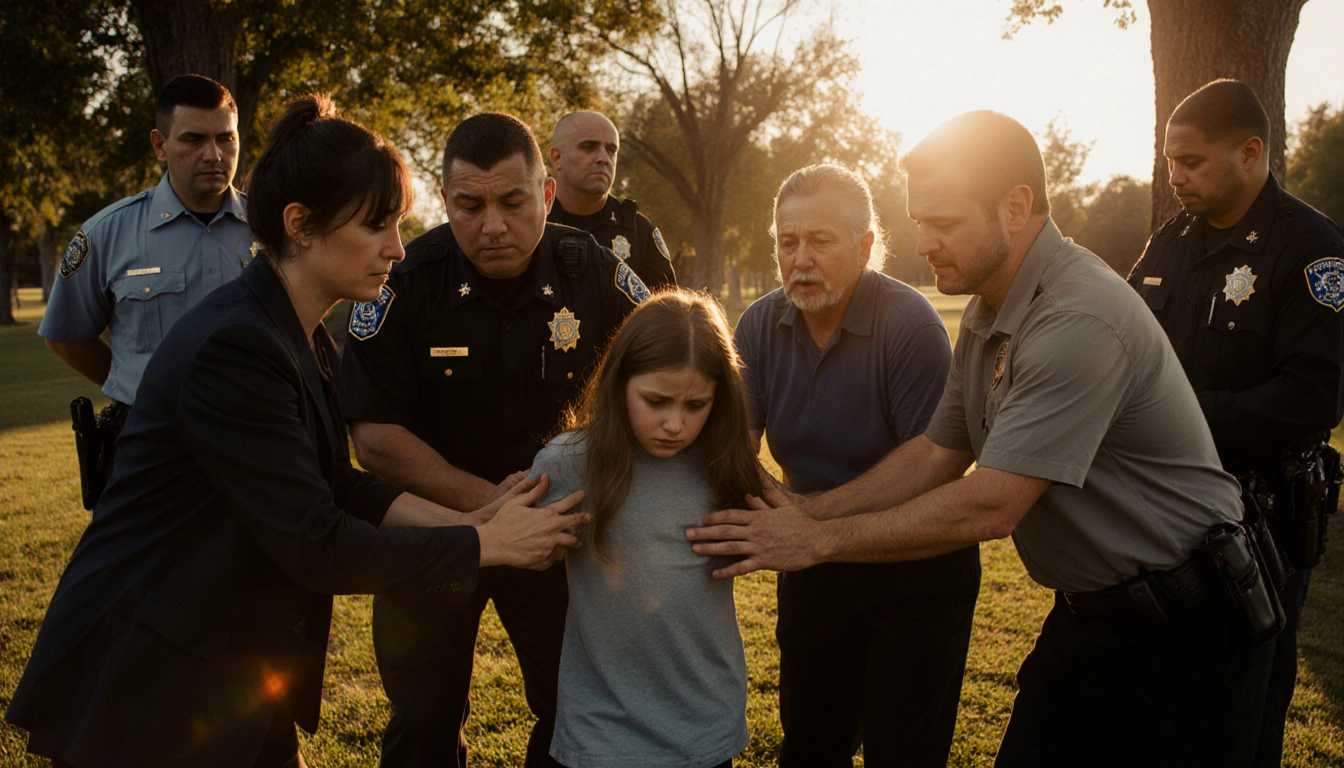 Concerned citizens stepping forward to protect a shaken girl with officers restraining a suspect in the background in a dusk