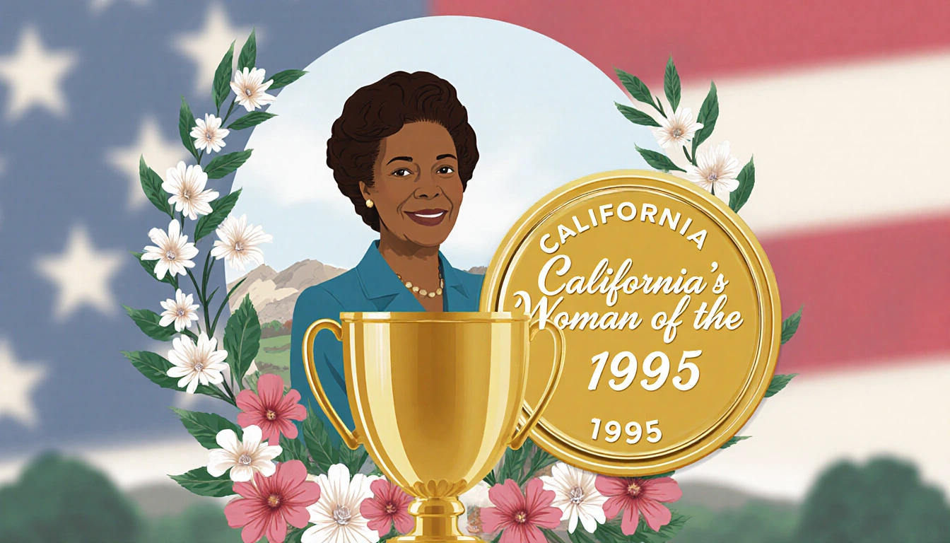 Betty Reid Soskin stands with medal 'California Woman of the Year' laurel wreath blurred U.S. flag
