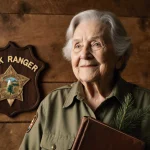 Betty Reid Soskin smiles, standing before a wooden ranger badge with a worn leather logbook and evergreen sprig.