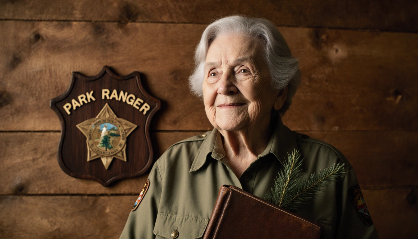 Betty Reid Soskin smiles, standing before a wooden ranger badge with a worn leather logbook and evergreen sprig.