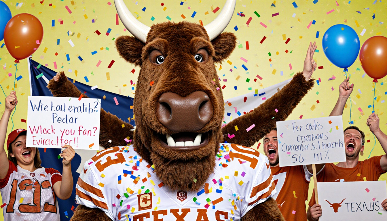 Bevo mascot stands before Texas flag with excited Longhorn fans holding game-day prediction signs