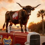 Steer standing atop roadster with sunset‑orange sky and swaying palm trees