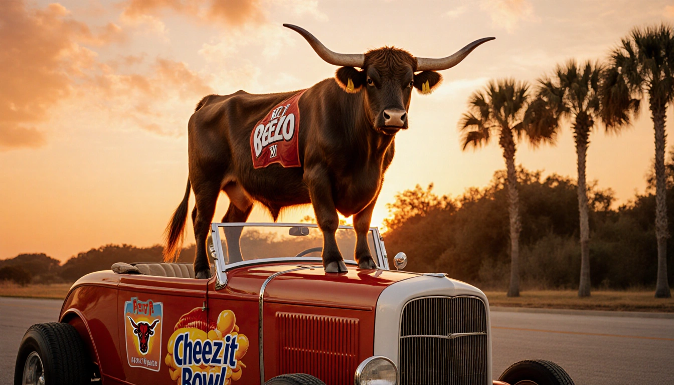 Steer standing atop roadster with sunset‑orange sky and swaying palm trees