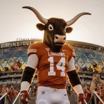 Bevo standing atop stadium steps with orange Longhorn uniform and sunset glow and cheering fans