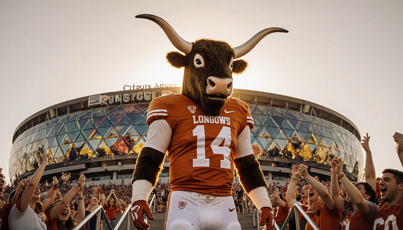 Bevo standing atop stadium steps with orange Longhorn uniform and sunset glow and cheering fans