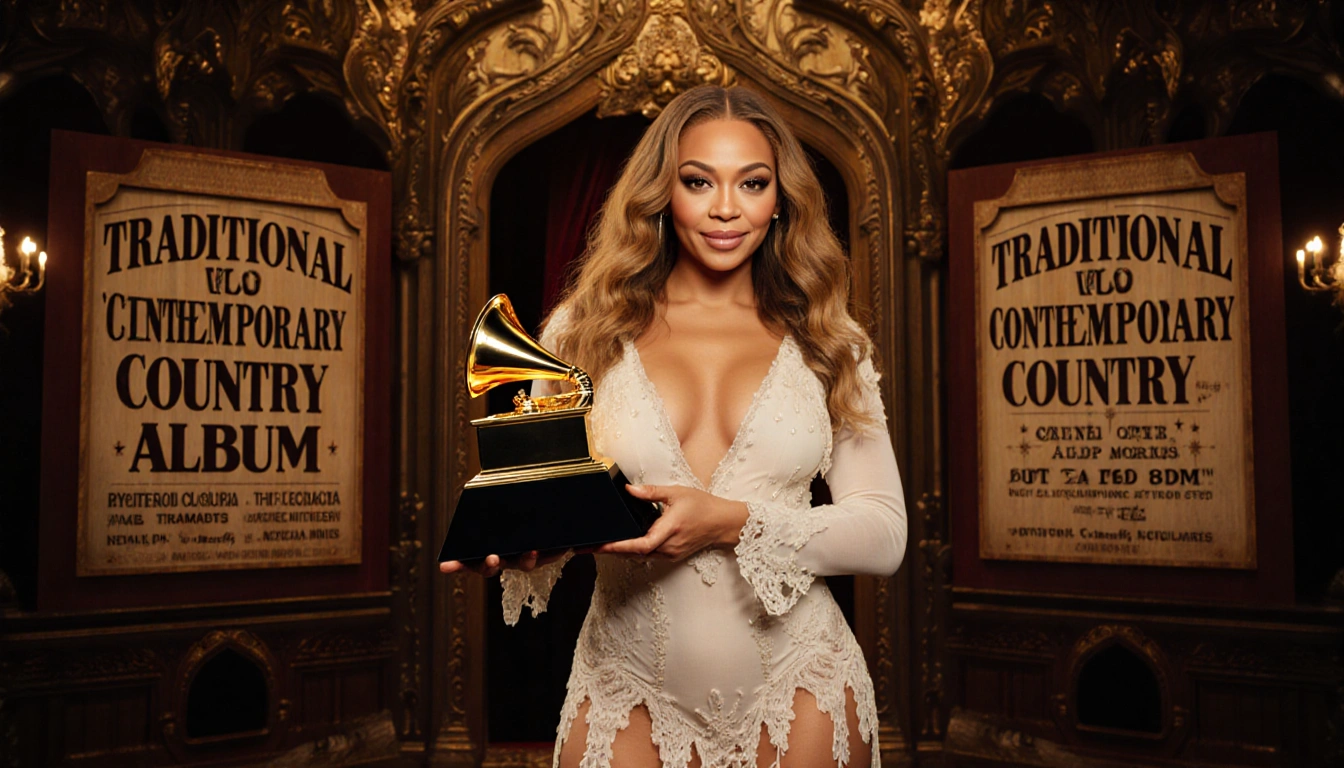 Beyoncé holding a Grammy Award with warm golden lighting and wooden signs for Traditional and Contemporary Country categories