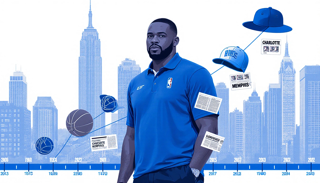 J.B. Bickerstaff standing in front of cityscape with an NBA blue and white coaching timeline and basketball icons.