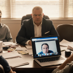 Biff Poggi sits at cluttered desk with football stack and Zoom call on laptop and parents and recruits front warm glow