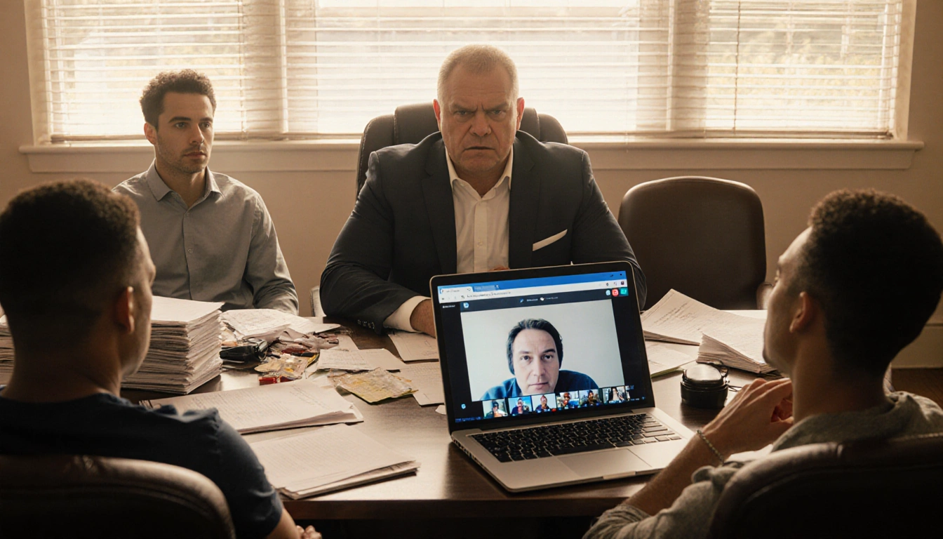 Biff Poggi sits at cluttered desk with football stack and Zoom call on laptop and parents and recruits front warm glow