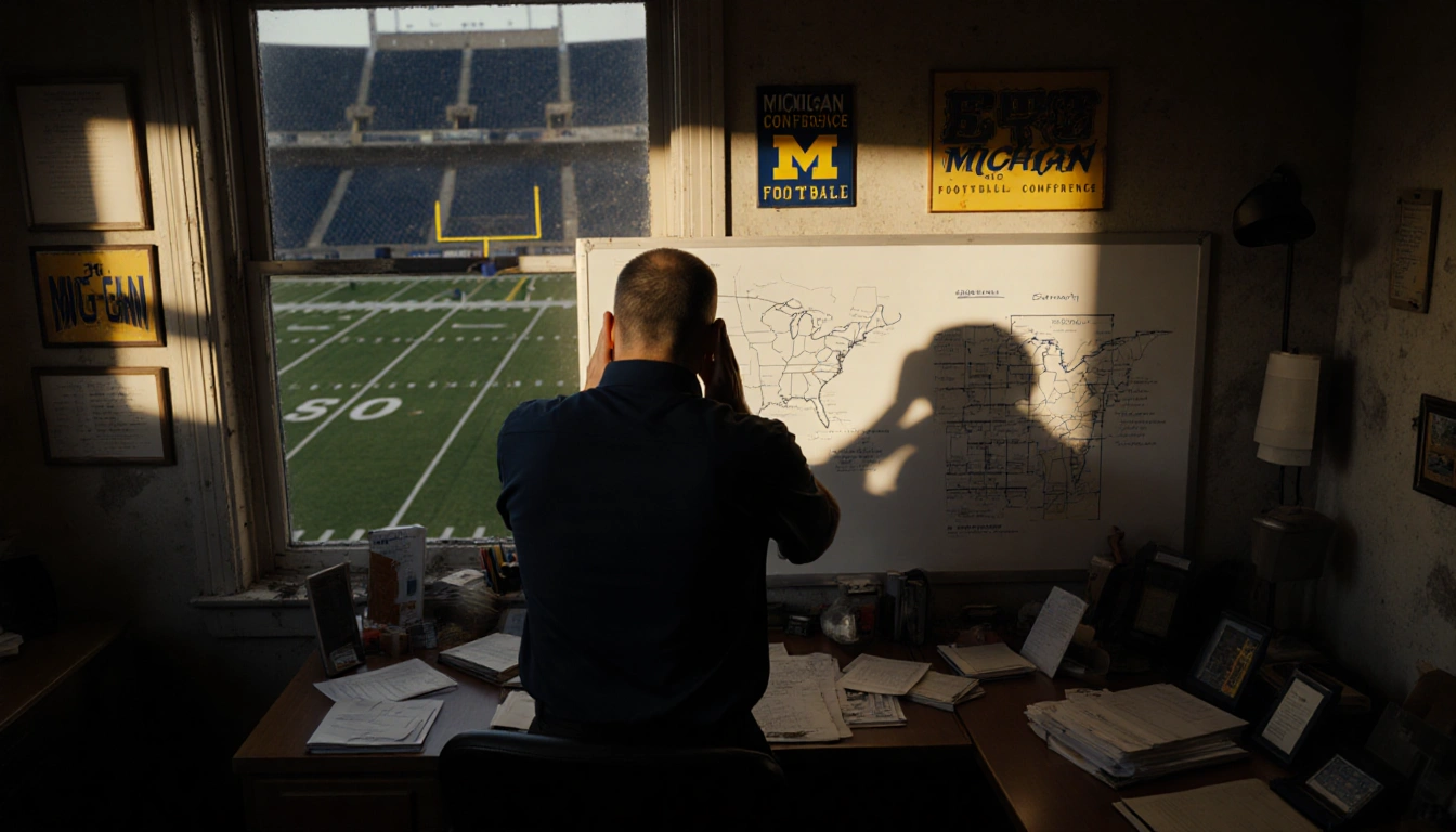Biff Poggi sits with back to the viewer head in hands staring at a whiteboard with notes in a dim office Michigan memorabilia