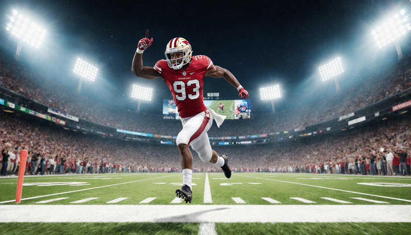 Bijan Robinson sprinting toward goal line with arm raised in triumph as he scores record-breaking touchdown under stadium lig