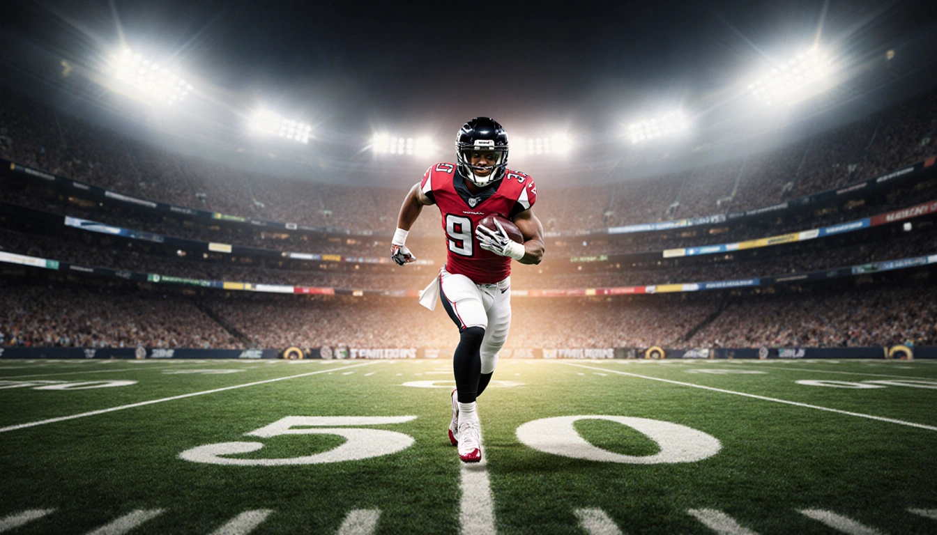 Bijan Robinson sprinting down the 50-yard line with Falcons jersey and helmet stadium lights near green grass Rams end zone