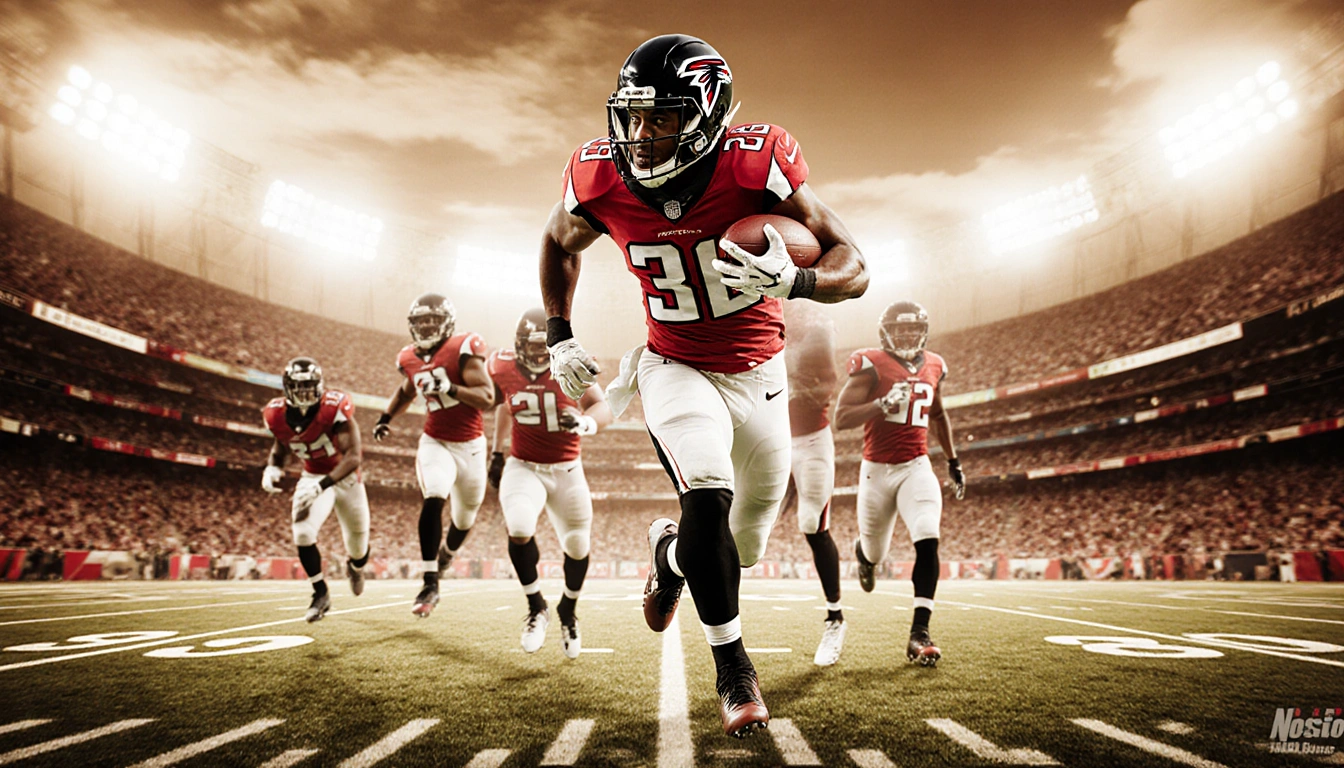 Robinson running with a football through a warm-colored stadium backdrop and players reacting with excitement