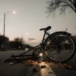 Broken bicycle lies on deserted street with shattered wheel and twisted frame under overcast sky