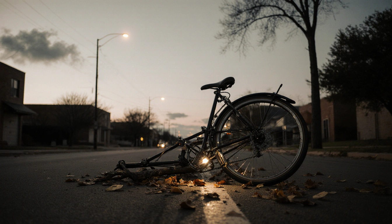 Broken bicycle lies on deserted street with shattered wheel and twisted frame under overcast sky