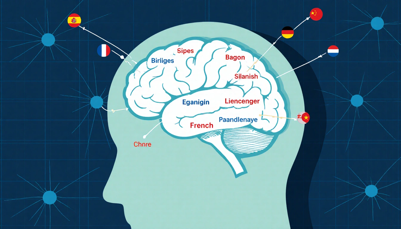 Brain illustrating bilingual neural connections with subtle grid background and scattered Spanish French Chinese symbols