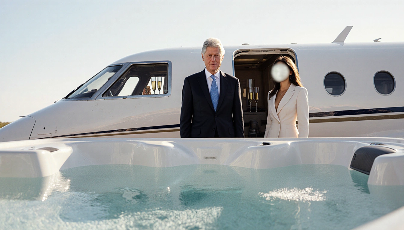 Bill Clinton standing beside a plane with Ghislaine Maxwell and champagne flutes in open windows.